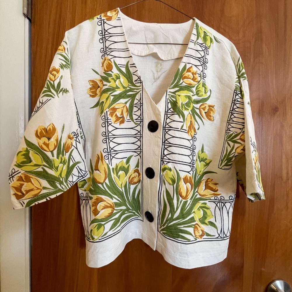 Upcycled Linen Lightweight Unlined Jacket Tulip Design M-L